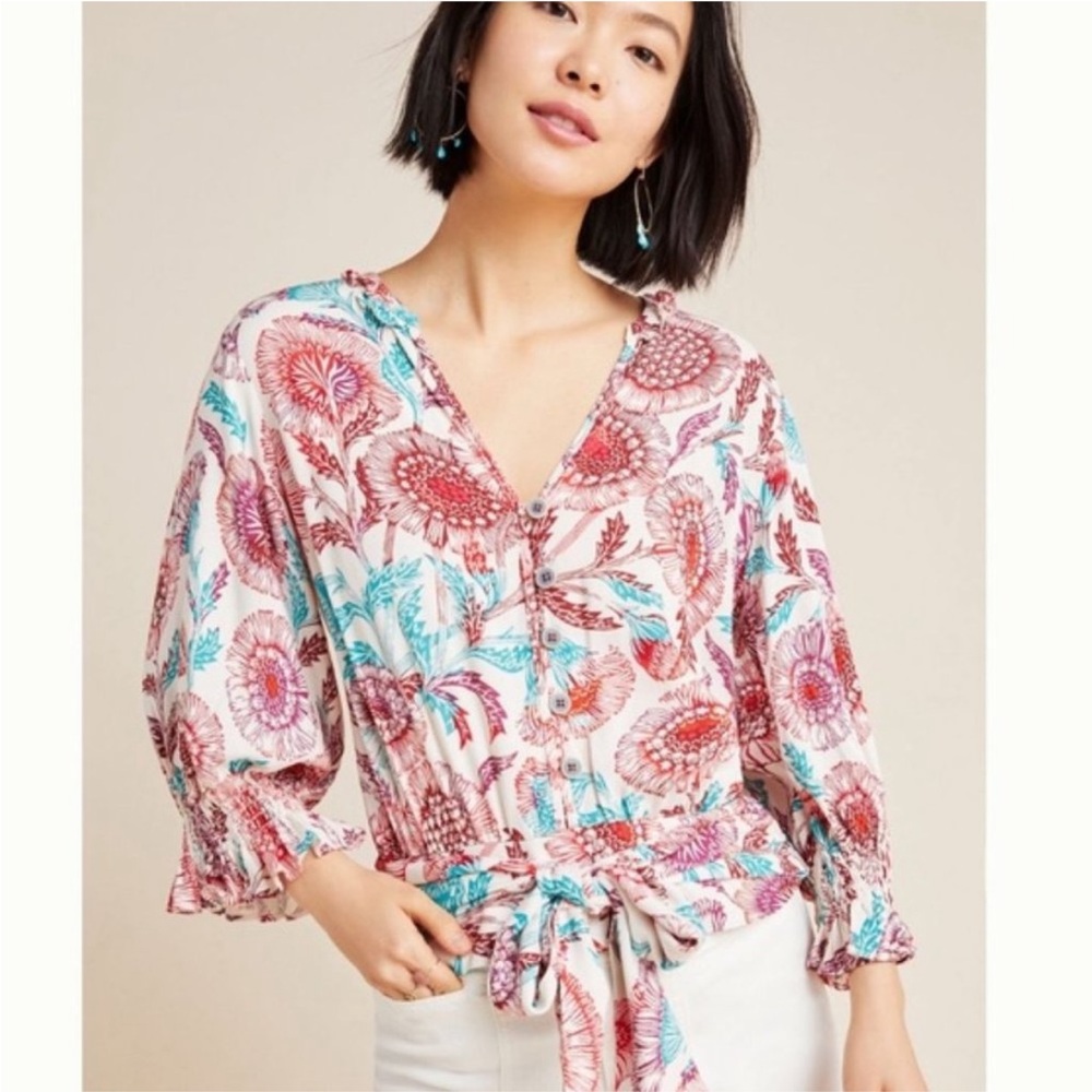 Anthropologie TUGBOAT V Neck Button Down Blouse Smocked Tie front Small